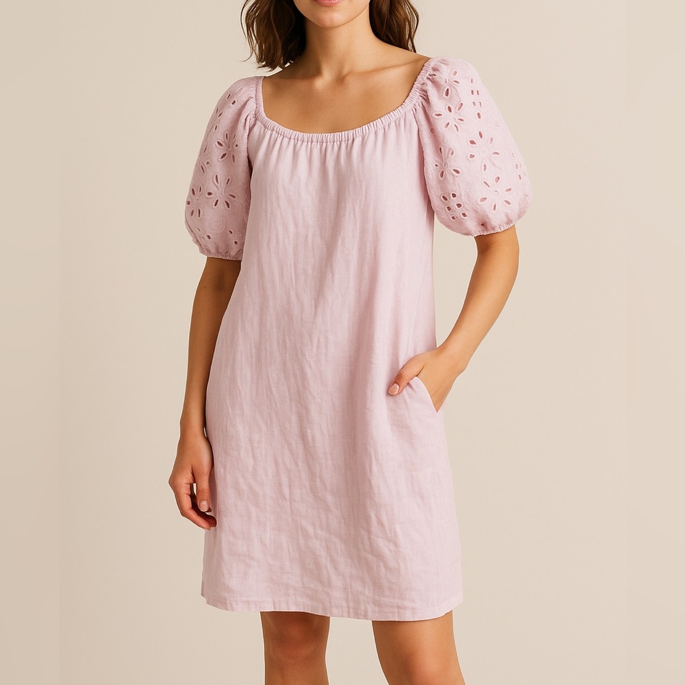 Haris Cotton Linen Puff Sleeve Embroidered Dress